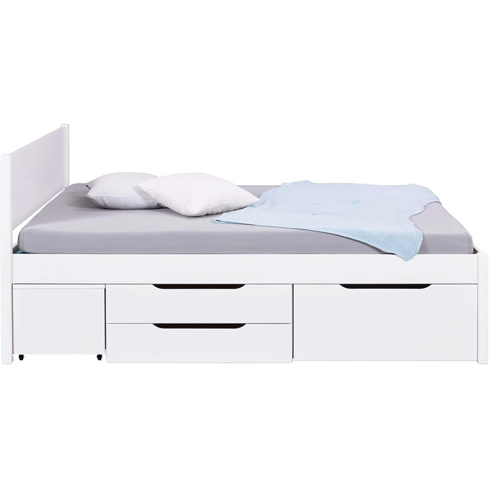 Ліжко з шухлядами - Двоспальне ліжко 140x200 см - Двоярусне ліжко з місцем для зберігання - Масив сосни - 2 шухляди та 1 коробка для зберігання - Включає рейкову основу - Білий лак - Efetivo 140x200 см 140 x 200 см Efetivo White з узголів&39ям