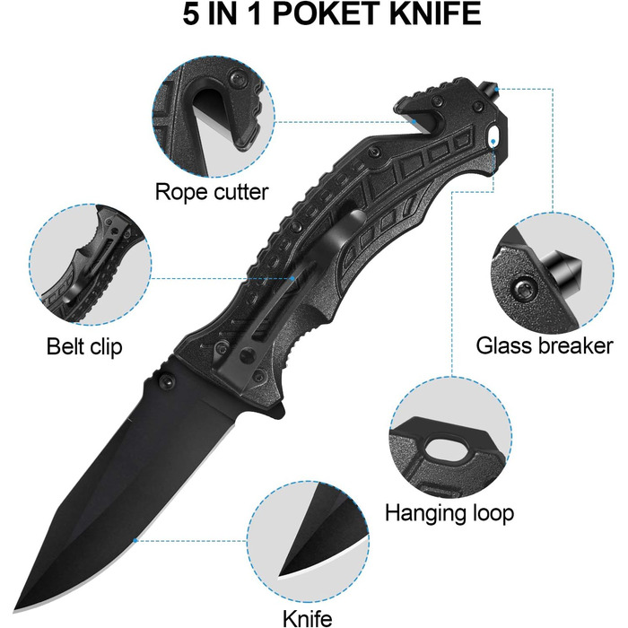 Надзвичайно гострий кишеньковий ніж 5-в-1 Багатофункціональний ніж з чорним лезом з нержавіючої сталі для активного відпочинку та