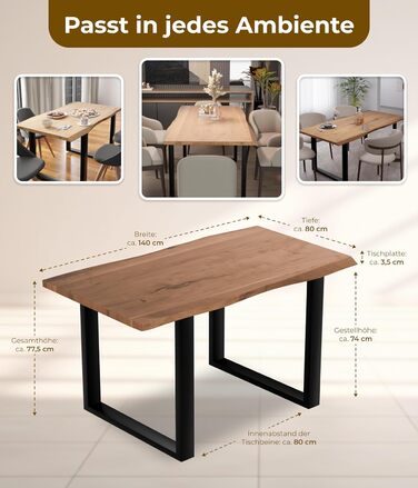 Стіл з натуральним краєм 140x80 см Товщина стільниці 3,6 см Обідній стіл з масиву акації з U-подібною основою, справжнім натуральним краєм, натурального кольору Ручна робота та міцний Доставка до потрібного вам місця включена. Коричневий 140 x 80 см (з U-