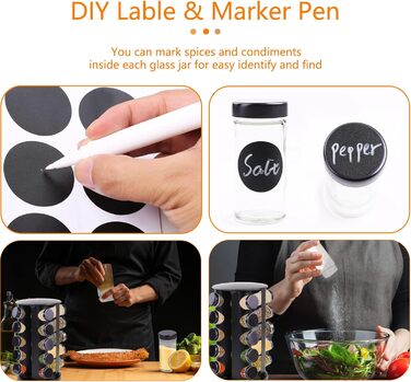 Поворотна на 360 підставка для спецій, чорна, органайзер для спецій, карусель для спецій з 20 банками для спецій, етикетками, ручкою, лійкою, кришками, підставками для спецій з нержавіючої сталі, зберігання спецій для кухонної стільниці