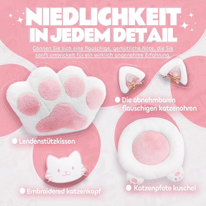 Рожеве миле ігрове крісло з котячою тканиною з поперековою подушкою у формі котячої лапи та котячими вушками, ігрове крісло з підставкою для ніг, ергономічне ПК-крісло для дітей, дорослих та дівчаток, вантажопідйомність 140 кг, рожеве, біле