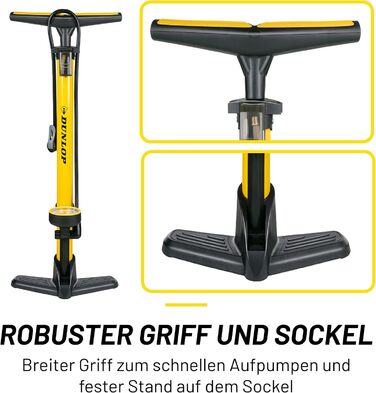 Велосипедний насос Dunlop з подвійним клапаном - велосипедний повітряний насос з 2 адаптерами - для всіх клапанів - клапани Dunlop, Presta та Schrader - 12 бар/180 PSI - ножний насос, манометр, жовтий