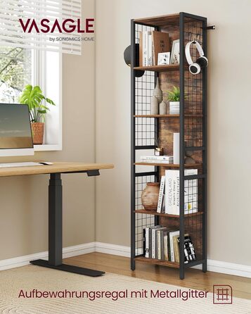 Книжкова полиця VASAGLE, офісна полиця, кухонна полиця, окремостояча полиця з 6 полицями, 4 S-подібними гачками, 30 x 40 x 175,6 см, для офісу, вітальні, кабінету, вінтажний коричнево-чорний колір LLS170K01, 6 рівнів (40Ш см)