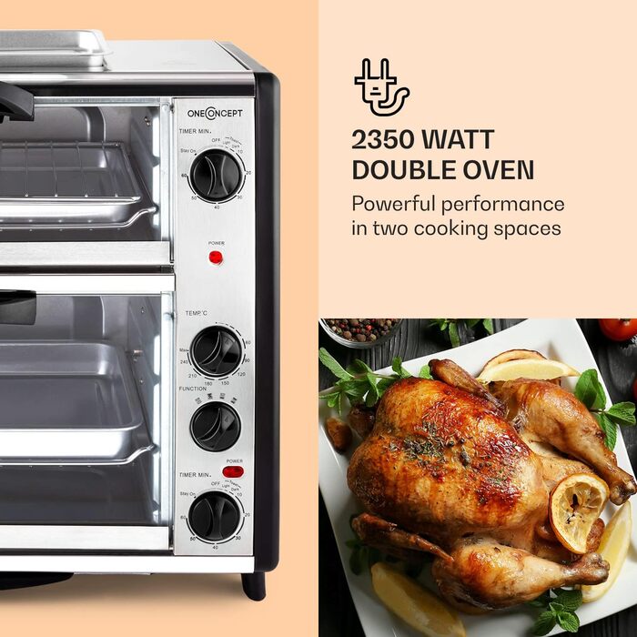 Подвійна духова шафа oneConcept All-You-Can-Eat - електрична духовка, дві окремі камери для випічки, загальний об'єм 42 літри, пластина для гриля, 2400 Вт, регульована температура 60-240C, нержавіюча сталь, срібло