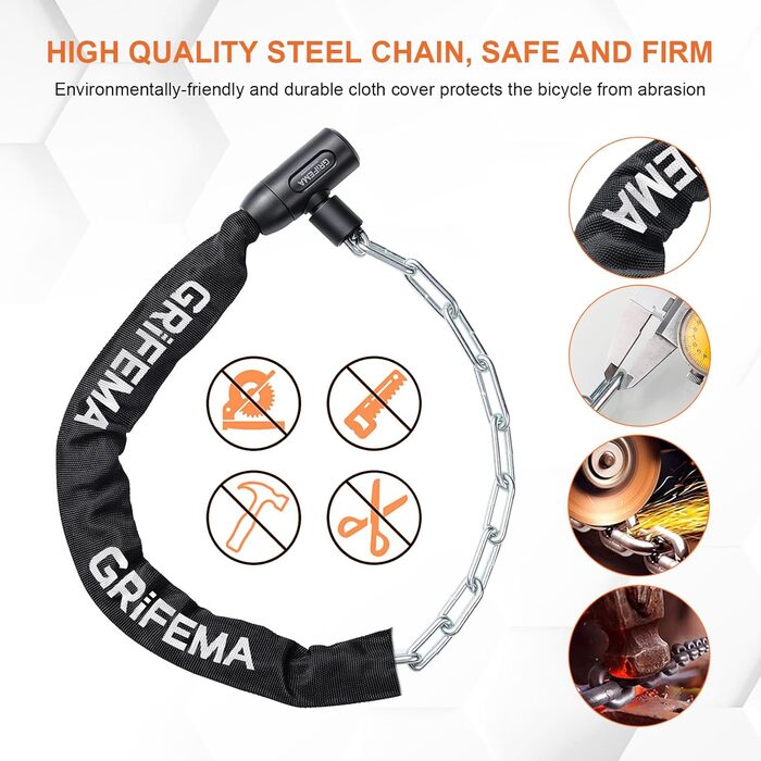 Велозамок, Високий рівень безпеки, Протиугінний ланцюговий замок для велосипеда, Гартовані сталеві ланки, 7 мм x 1200 мм, Чорний, Ключовий механізм