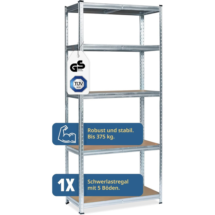 Міцний стелаж Grafner з 5 полицями з МДФ, максимальне навантаження 375 кг, закруглені кути, 75x30x172 см, стелаж без ригелів, полиця для зберігання, полиця для підвалу