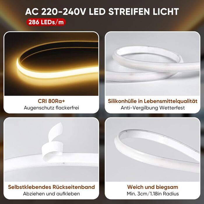 Світлодіодна стрічка Shine Decor COB 2м, AC 220-230V, IP65 Водонепроникна, SMD2025 286 LED/м, Надяскрава світлова лінія для кухні, саду та освітлення (2м, Теплий білий, Сертифікат CE). Теплий білий, 2 метри.
