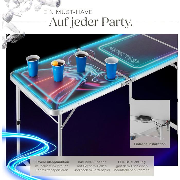 Стіл для пивного понгу tectake з декорацією для вечірки, світлодіодним освітленням, стіл з регульованою висотою, розкладний стіл, комплект з аксесуарами, стіл для пивного понгу, 100 пластикових стаканчиків, 6 м&39ячів та карткова гра з напоями BeerWars I