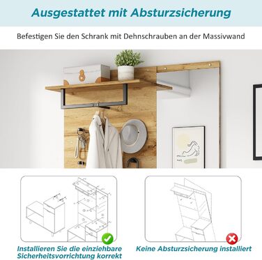 Шафа для одягу Ymkua настінна, шафа для передпокою з лавкою для взуття, дзеркалом і тумбою для взуття, шафа для одягу з 4 гачками