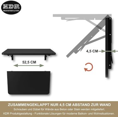 Настінний розкладний стіл KDR 70x40 см, чорний, із закругленими кутами Складаний стіл для настінного монтажу як обідній стіл, письмовий стіл, кухонний стіл або робоча зона компактний та універсальний