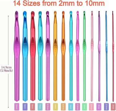 Набір гачків 14 предметів, гачки для в&39язання, набір гачків, спиці з різнокольорового алюмінію 14 розмірів 2 мм - 10 мм, набір для в&39язання, набір для в&39язання, приладдя для в&39язання.