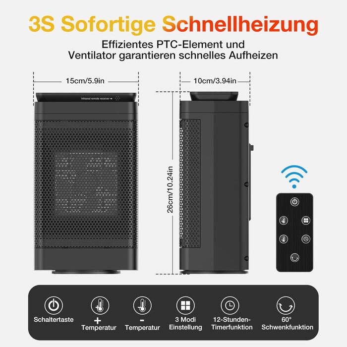 Тепловентилятор електричний з пультом дистанційного керування - електричний обігрівач потужністю 1500 Вт, 3 нагрівальних керамічни