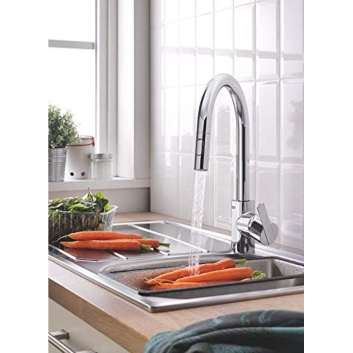 Кухонний змішувач GROHE Feel, 2 режими струменя (з висувним виливом, поворот на 360, економія води завдяки регулятору витрати, монтаж без інструментів), хром, 31486001