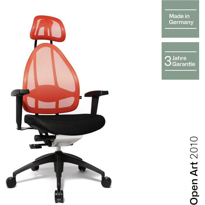 Ергономічне офісне крісло Topstar Open Art 2010, стілець для роботи, включаючи регульовані по висоті підлокітники, спинку та підголівник, тканина чорна/помаранчева, помаранчева/чорна, чорна сітчаста спинка