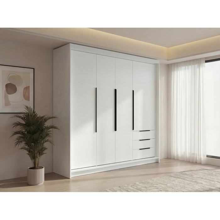 Шафа 4-дверна з 3 шухлядами 200 x 215 см Шафа з відкидними дверима, рейкою для одягу та полицями Білий/Білий/Сірий