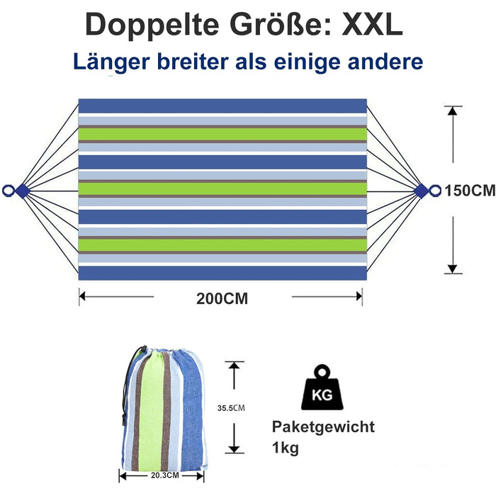 Гамак 200 х 150см великий Підвісний шезлонг бавовна 2 особи Двомісний гамак розміру XXL, вантажопідйомність до 200 кг Переносний з сумкою для перенесення для тераси, двору, саду, синьо-коричневого кольору