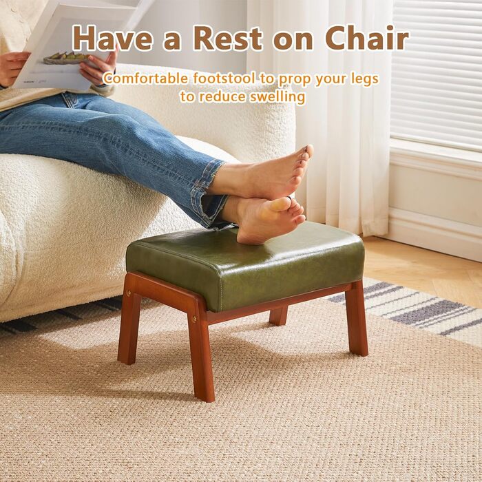 Невеликий пуф-табурет, прямокутний пуф-підставка зі штучної шкіри з м&39яким сидінням та дерев&39яними ніжками, сучасний низький пуф-підставка для вітальні/спальні, темно-зелений WBD013GR, 10.2H