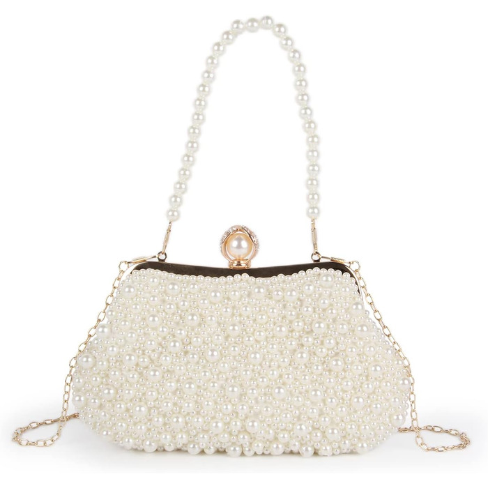 Жіноча перлова клатч-сумка для вечірок, весілля. Вечірня сумочка з кристалами та перловим ланцюжком, бежевий колір.