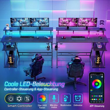 Ігровий стіл SEVEN WARRIOR зі світлодіодним освітленням та розетками, ігровий стіл з підставкою для монітора, комп&39ютерний стіл з 2 гачками, ідеально підходить для кабінету, спальні, вітальні, 100 x 47 x 87 см