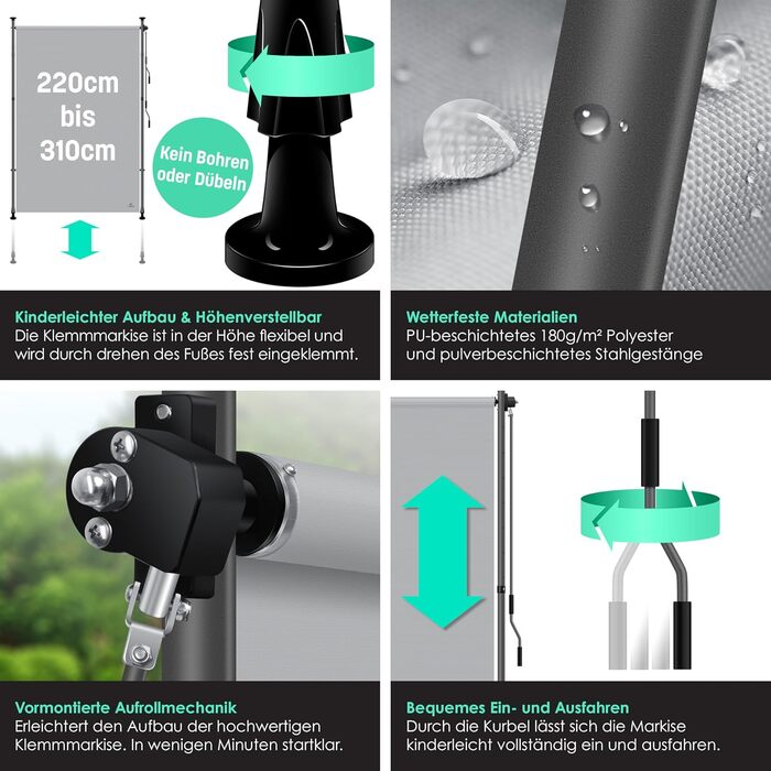 Вертикальний тент KESSER із затискачем 200x310 см, розсувний та непрозорий, з ручним приводом, не потребує свердління, екран для балкону та вітрозахисний екран для саду та тераси, водонепроникний, сірий, 200x310 см, сірий