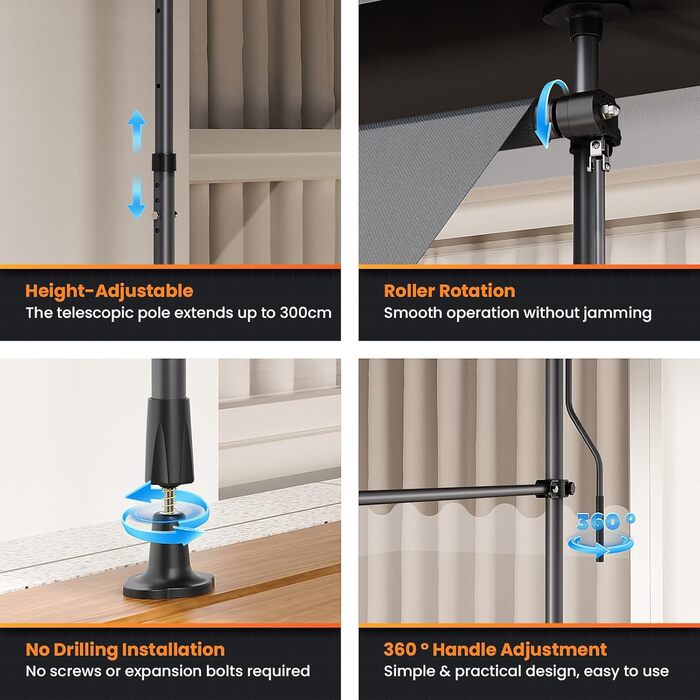 Тент-затискач сірий (250 x 175 см) Балконний тент без свердління Тент-затискач з ручним приводом Водонепроникний та сонцестійкий 250 x 175 см