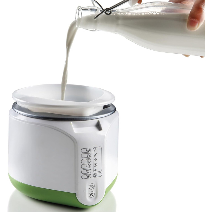Машина для сиру та йогурту з 6 програмами, м'яка на дотик панель керування, контейнер 500 мл з антипригарним покриттям, максимальна температура 90C, включаючи книгу рецептів, 500 Вт, білий/зелений, 615