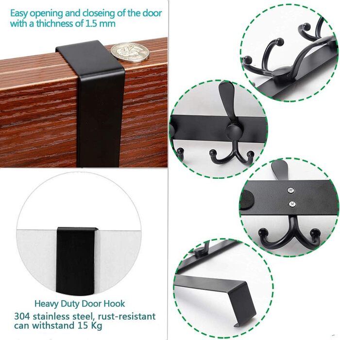 Гачки дверні LYLIN з нержавіючої сталі, вішалка дверна на 15 гачків, гачки дверні без свердління, гачки дверні для кухні, ванної,