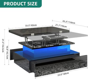 Журнальний столик з регульованою висотою, глянцевий стіл для вітальні з 2 шухлядами та світлодіодним освітленням, журнальні столики з прихованим відділенням для зберігання, трансформується в обідній стіл, чорний