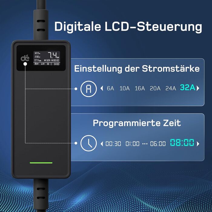 Зарядний кабель тип 2 CEE штекер 7.4кВт 1-фазний7м6-32А з регульованою потужністю зарядки, зарядний пристрій для електромобілів та