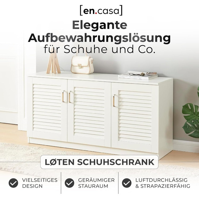 Взуттєва шафа Løten, полиця для взуття з 3 дверцятами та 6 полицями, відділення для взуття, 125 x 36 x 62 см, вміщує до 12 пар взуття, біла, 125 x 36 x 62 см