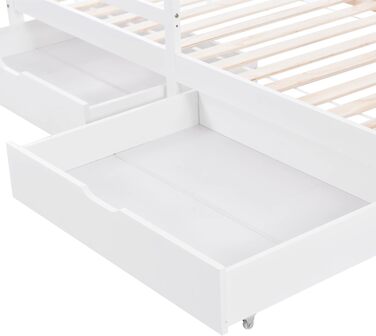 Дитяче ліжко Merax 90x200 см із захистом від падіння, дитяче ліжко-будиночок з шухлядами та полицею для зберігання, міцне дерев&39яне ліжко-будиночок на дереві з рейковою основою, ігрове ліжко для хлопчиків та дівчаток, біле 90 x 200 см, біле з шухлядами