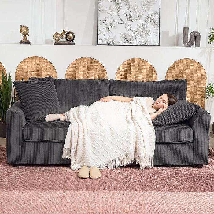 Місний диван HOMCOM, кушетка з підлокітниками, декоративні подушки, м&39який диван з вельветовим чохлом, товста підкладка, диван-ліжко, вантажопідйомність до 450 кг, для вітальні, спальні, 212 x 80 x 88 см, темно-сірий, 3-
