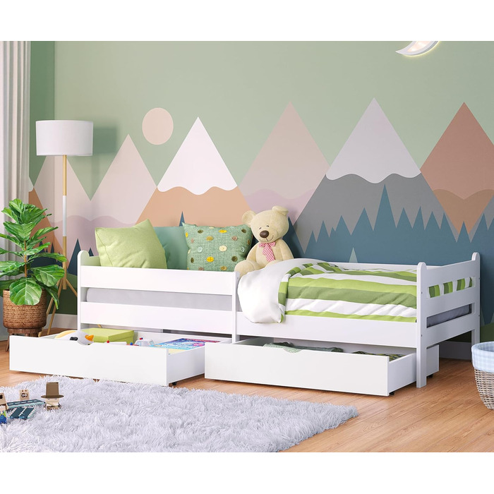 Дитяче ліжко Bellabino Kuru 90x200 з 2 висувними шухлядами, односпальне дитяче ліжко з захистом від випадіння та рейковою рамою, д