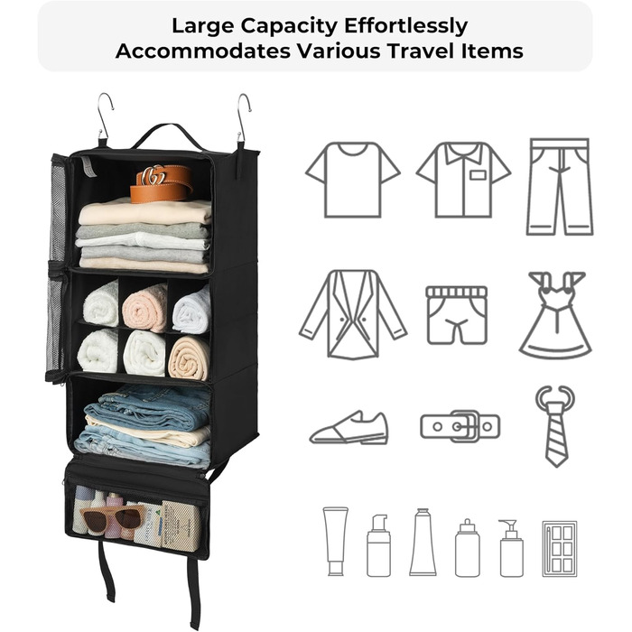 Підвісний органайзер для валізи з 3 відділеннями, складаний органайзер для гардеробу, портативна дорожня полиця, чорний підвісний органайзер-шафа, портативний підвісний дорожній органайзер середнього чорного кольору