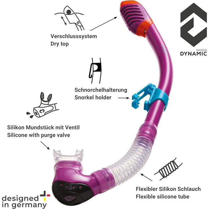 Набір для підводного плавання La Gomera Pro Jr. для дітей Розроблено в Німеччині Професійний силіконовий 2-елементний дитячий дайвінг-набір (маска для підводного плавання, трубка та сітчаста сумка) з сухою трубкою та захисною лінзою рожевого/блакитного ко