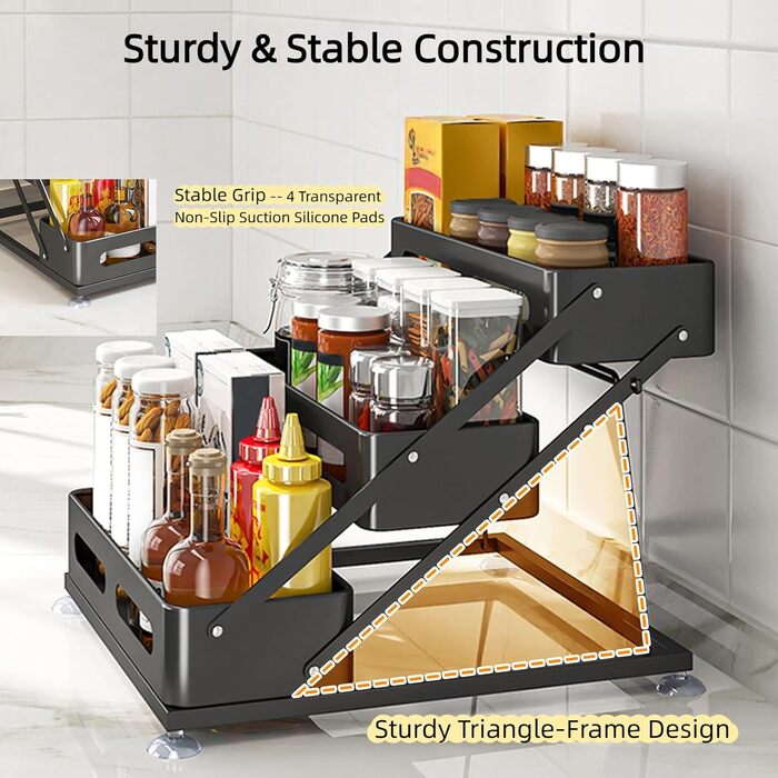Рівнева складна полиця для спецій Bokelai, регульована по висоті кухонна полиця для зберігання Органайзер для спецій з протиковзкими накладками Металевий органайзер для спецій для шафи та стільниці Чорний - 3 рівні, 3-