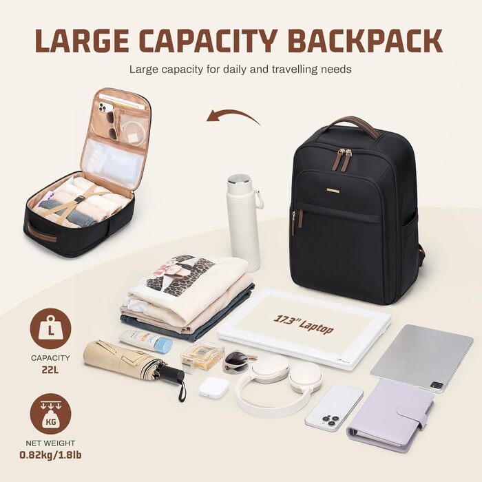 Дорожній рюкзак для жінок та чоловіків, рюкзак для ноутбука 17,3 дюйма, великий шкільний рюкзак. Рюкзак Travrl з відділенням для ноутбука для бізнесу, університету, чорний (петля на 180 градусів) 17,3&39