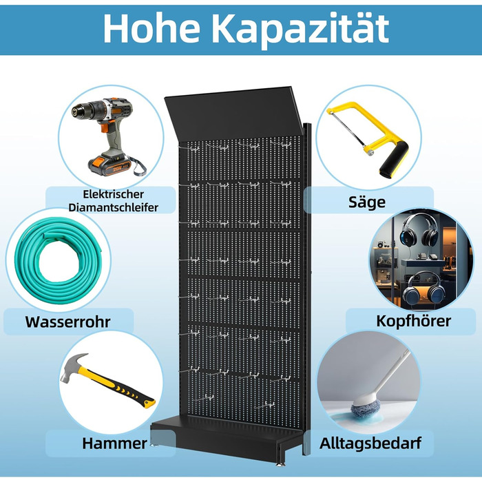 Набір металевих перфорованих дощок 30 гачків, розміри 215,9 x 91,4 x 33 см, вантажопідйомність до 150 кг Органайзер для інструментів Hooks Garage, контейнери для зберігання та панель для інструментів, ефективний чорний, 2 шт.