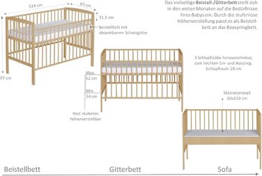 Дитяче ліжечко Micky Plus - Натуральний лак - Ліжечко 60120 см - Плавне регулювання висоти 3-в-1 - Ліжечко з бортиками для перетворення та системою ременів безпеки - Чудово підходить для ліжок з пружинним блоком