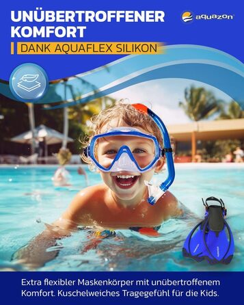Набір для сноркелінгу AQUAZON Miami, набір для плавання, набір для дайвінгу, маска для дайвінгу з загартованими лінзами проти запотівання, силікон, напівсухий сноркель, регульовані ласти для дітей, темно-синій, розмір 27/31