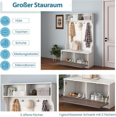 Вішалка для одягу COSTWAY з лавкою та 5 подвійними гачками, вішалка для одягу з відкритими відділеннями та тумбою для взуття, пере