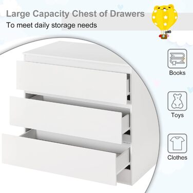 Пеленальний столик WOLTU з пеленальною стільницею, комод з 3 шухлядами, пеленальний столик з тихими металевими напрямними та захистом від перекидання, 86 см для поперекової підтримки, білий