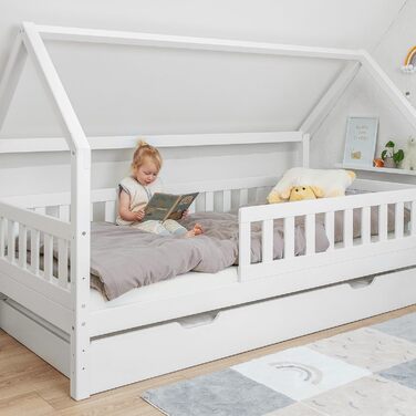 Ліжко Ehrenkind Lille House Дитяче ліжко зі знімними захисними поручнями з масиву дерева, сертифіковане FSC, включаючи шухляди Ліжко House 90x200 Дитяче ліжко 90x200 Біле 90 x 200 см з шухлядами