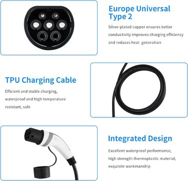 Зарядний кабель EVIEUN тип 2 22кВт 32А для гібридних та електромобілів 3 фази 3-метровий зарядний кабель типу 2, зарядний кабель е