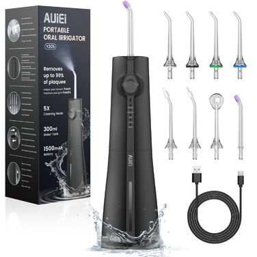 Бездротовий іригатор для зубів та брекетів, 300 мл, з 8 насадками-розпилювачами, 5 режимів роботи, водонепроникний IPX7, портативний для дому та подорожей, чорний