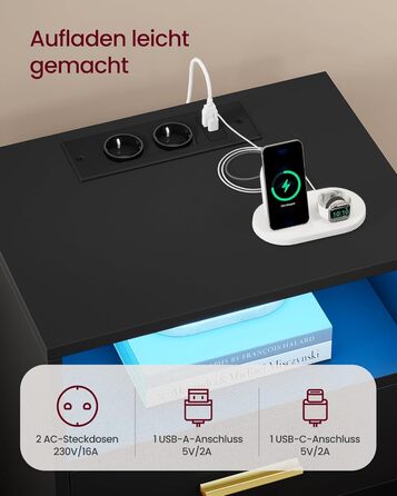 Колекція Custos - Тумбочка із зарядною станцією, комплект із 2 шт. , світлодіодне підсвічування, бічний столик, сучасний, з шухлядами, 2 розетками змінного струму та USB-портами, чорний колір LET829BC01 чорний колір 2 комплекти