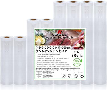 Вакуумний пакувальник KitchenBoss Вакуумний пакувальник Плівка Рулони Вакуумний пакет Їжа Вакуумна плівка Рулони Термозбіжна плівка, Пакет без BPA фольги для вакуумної машини, 8 рулонів 15x2/20x2/28x4/x300см