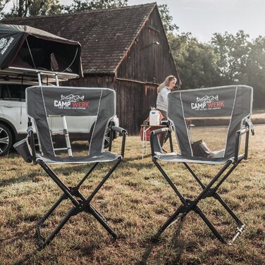 Кемпінгове крісло CAMPWERK, легке та компактне, зі спинкою, вбудованими підлокітниками та підсклянником, компактне, стійке до бруду та води, складане, для всіх видів активного відпочинку на свіжому повітрі, сіре