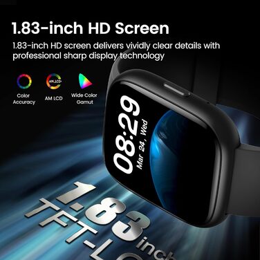Розумний годинник для чоловіків та жінок, 1,83-дюймовий розумний годинник з Bluetooth-дзвінками/Alexa, понад 100 спортивних режимів, фітнес-годинник з монітором серцевого ритму/сну/крокоміром, водонепроникний фітнес-трекер IP68 для Android та iOS, чорний