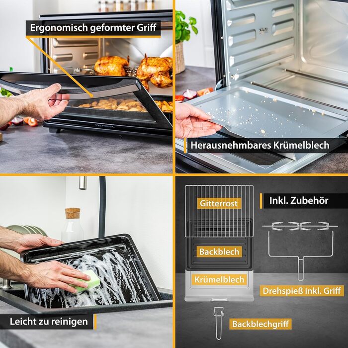 Міні-піч TZS First Austria, 2000 Вт, 60 л, з внутрішнім освітленням, функцією конвекції, гриль для 2 курей, міні-піч для піци, знімний піддон для крихт 60 л Аналогічні